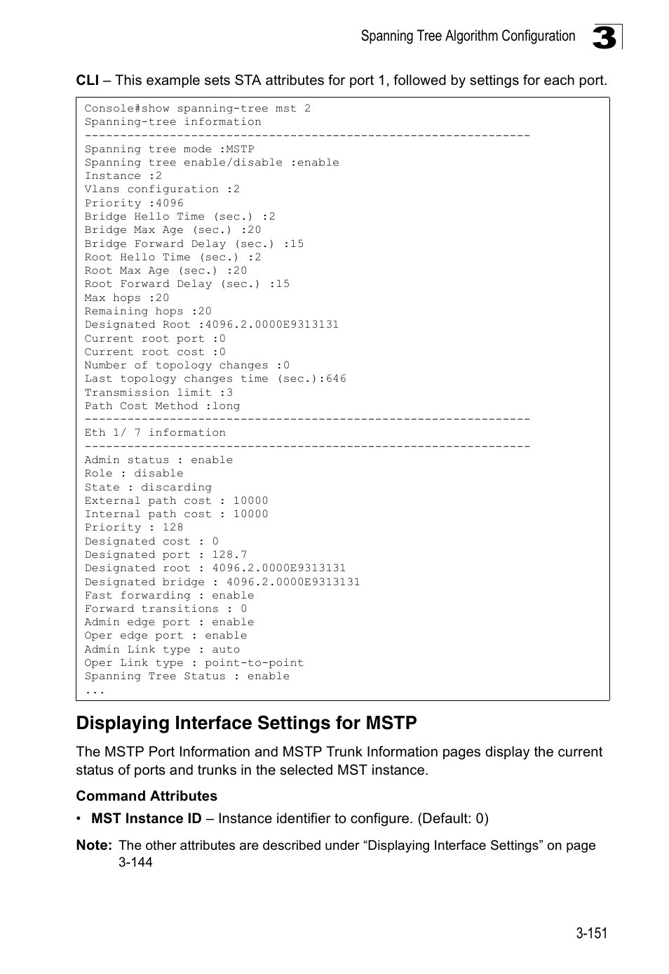 Displaying interface settings for mstp | Accton Technology Edge-corE Fast Ethernet Switch ES3528M-SFP User Manual | Page 201 / 644