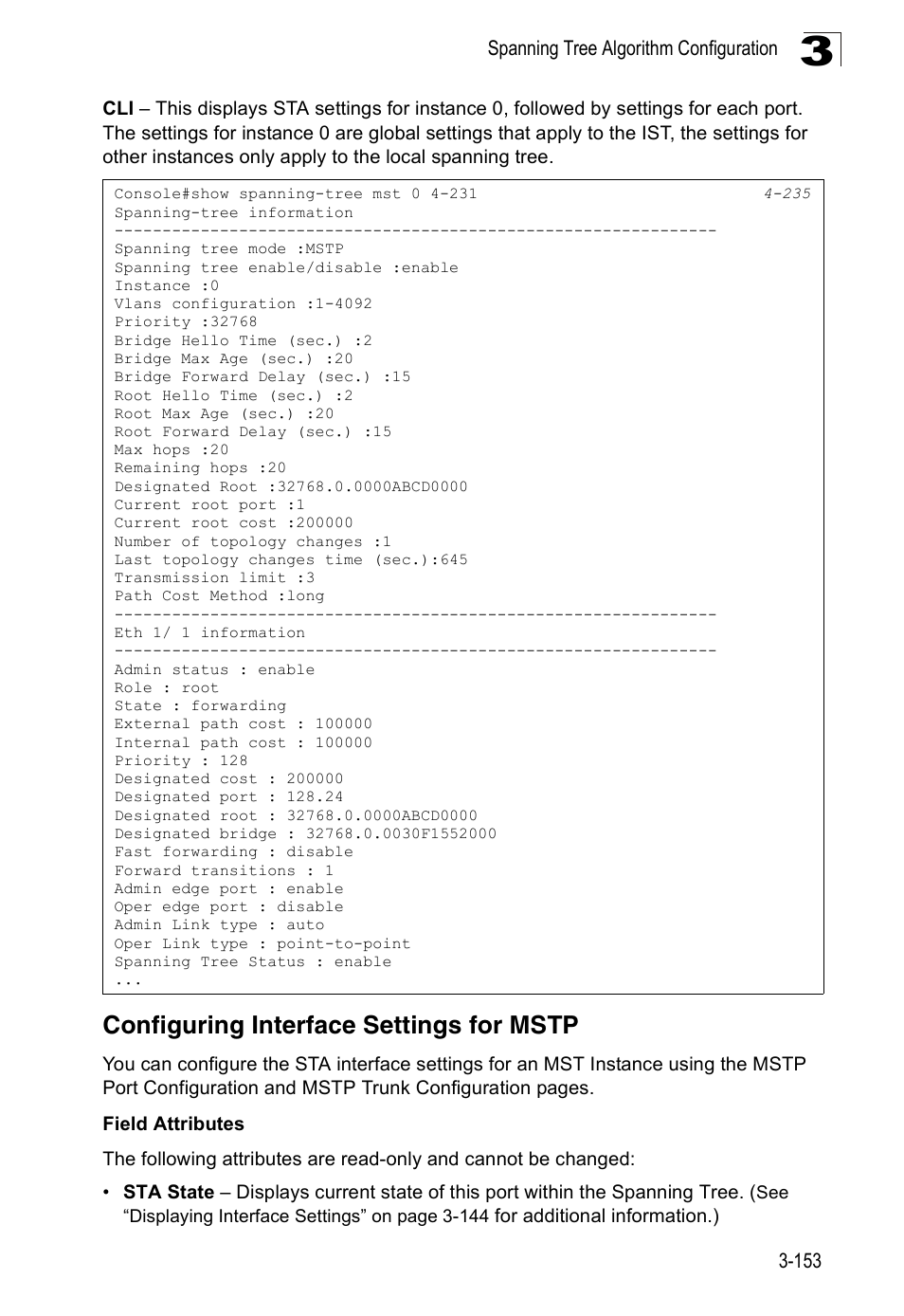 Configuring interface settings for mstp | Accton Technology Edge-corE Fast Ethernet Switch ES3528M-SFP User Manual | Page 203 / 644