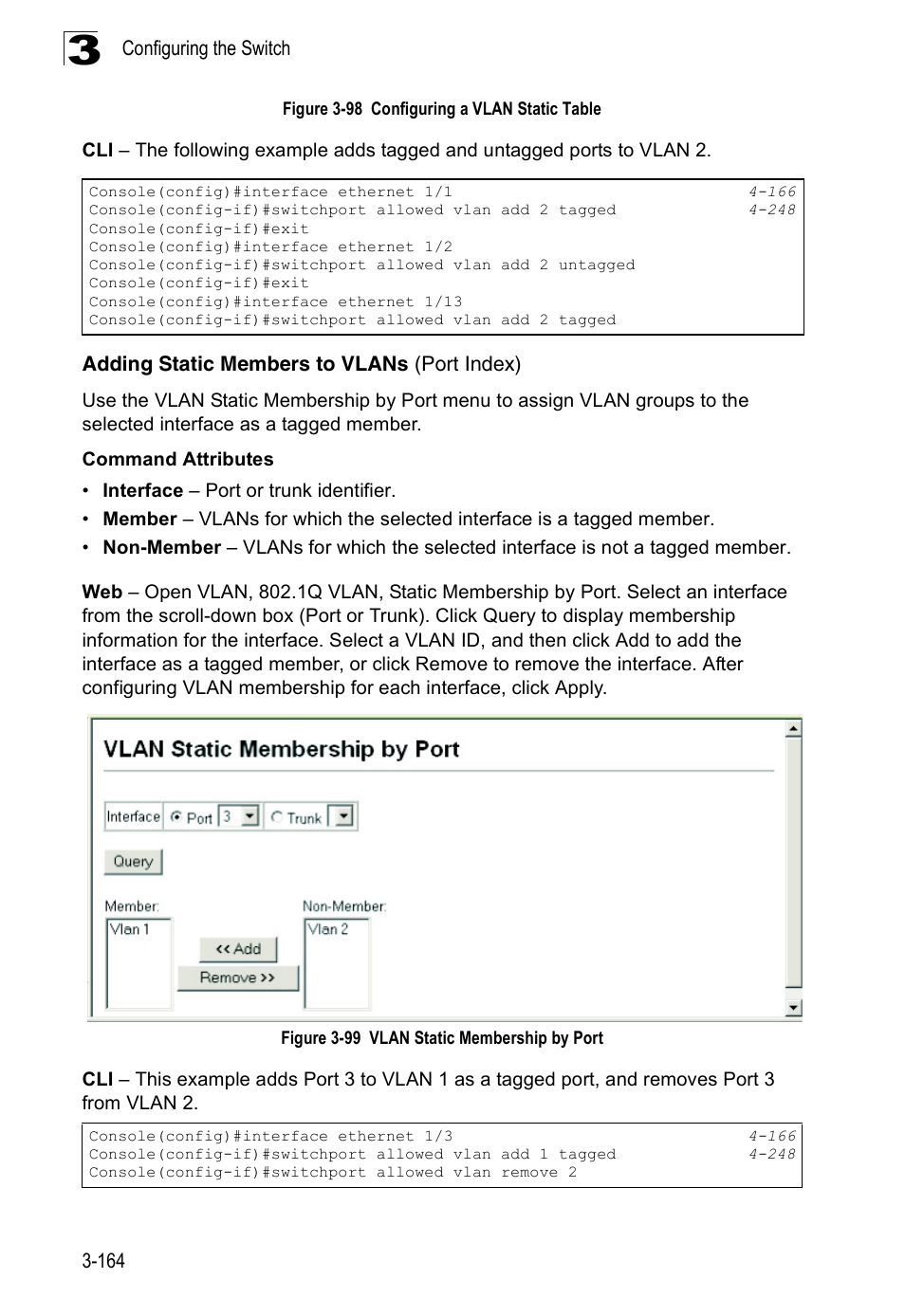 Adding static members to vlans (port index), Figure 3-98 configuring a vlan static table, Figure 3-99 vlan static membership by port | Accton Technology Edge-corE Fast Ethernet Switch ES3528M-SFP User Manual | Page 214 / 644
