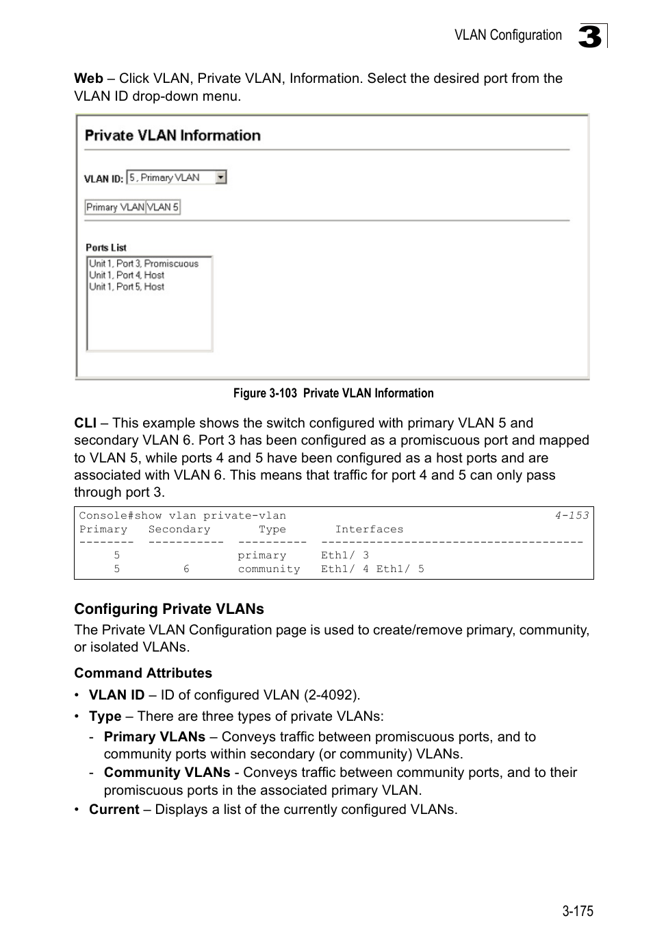 Configuring private vlans, Figure 3-103 private vlan information | Accton Technology Edge-corE Fast Ethernet Switch ES3528M-SFP User Manual | Page 225 / 644