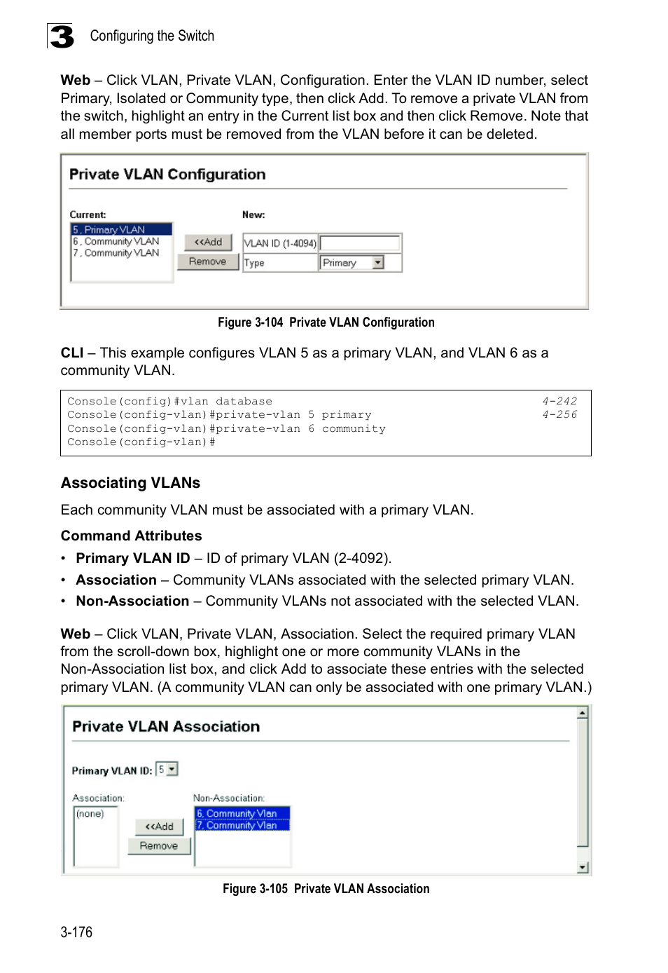 Associating vlans, Figure 3-104 private vlan configuration, Figure 3-105 private vlan association | Accton Technology Edge-corE Fast Ethernet Switch ES3528M-SFP User Manual | Page 226 / 644
