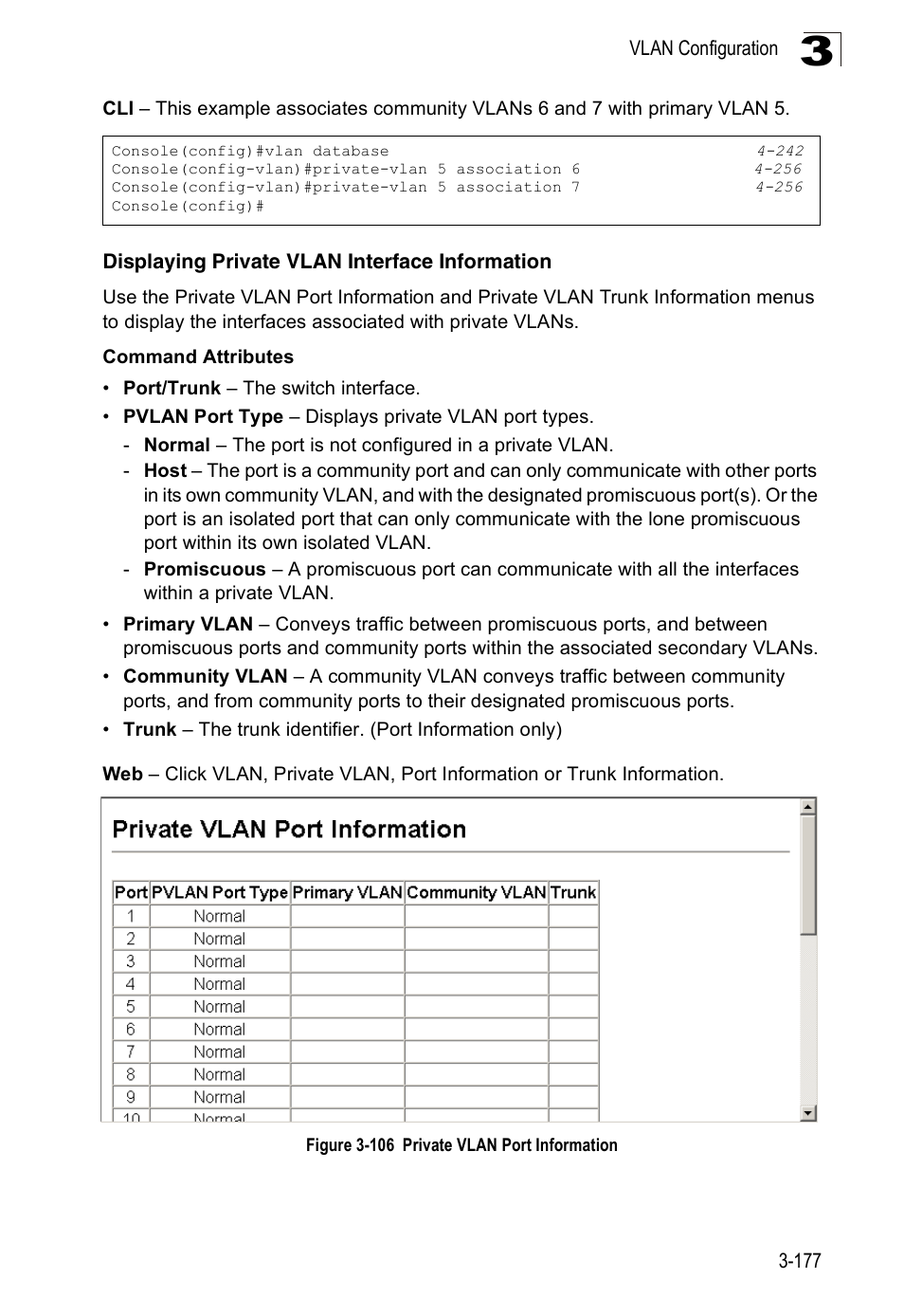 Displaying private vlan interface information, Figure 3-106 private vlan port information | Accton Technology Edge-corE Fast Ethernet Switch ES3528M-SFP User Manual | Page 227 / 644