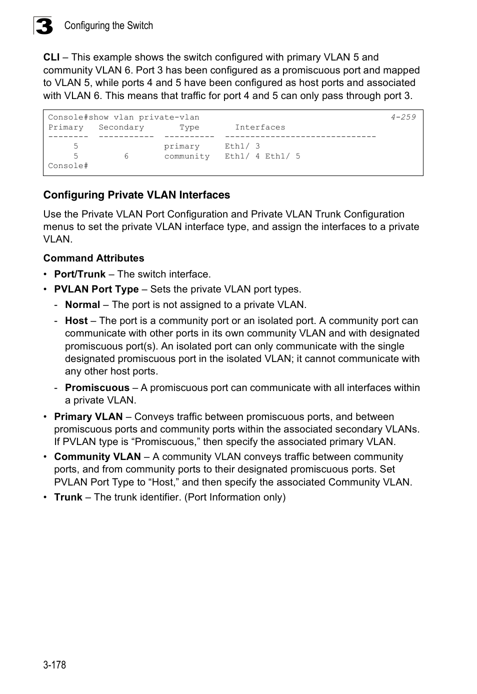 Configuring private vlan interfaces | Accton Technology Edge-corE Fast Ethernet Switch ES3528M-SFP User Manual | Page 228 / 644