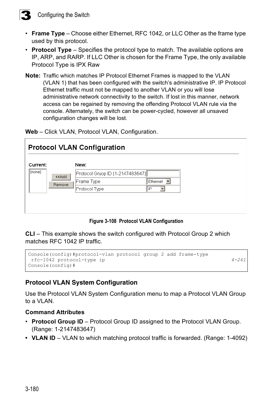 Protocol vlan system configuration, Figure 3-108 protocol vlan configuration | Accton Technology Edge-corE Fast Ethernet Switch ES3528M-SFP User Manual | Page 230 / 644