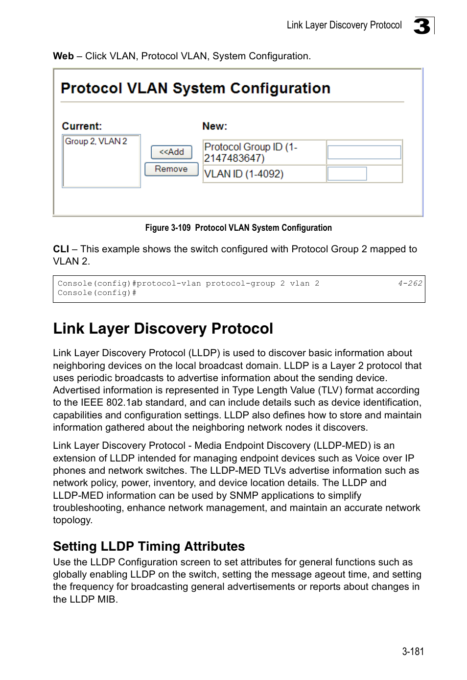 Link layer discovery protocol, Setting lldp timing attributes, Figure 3-109 protocol vlan system configuration | Accton Technology Edge-corE Fast Ethernet Switch ES3528M-SFP User Manual | Page 231 / 644