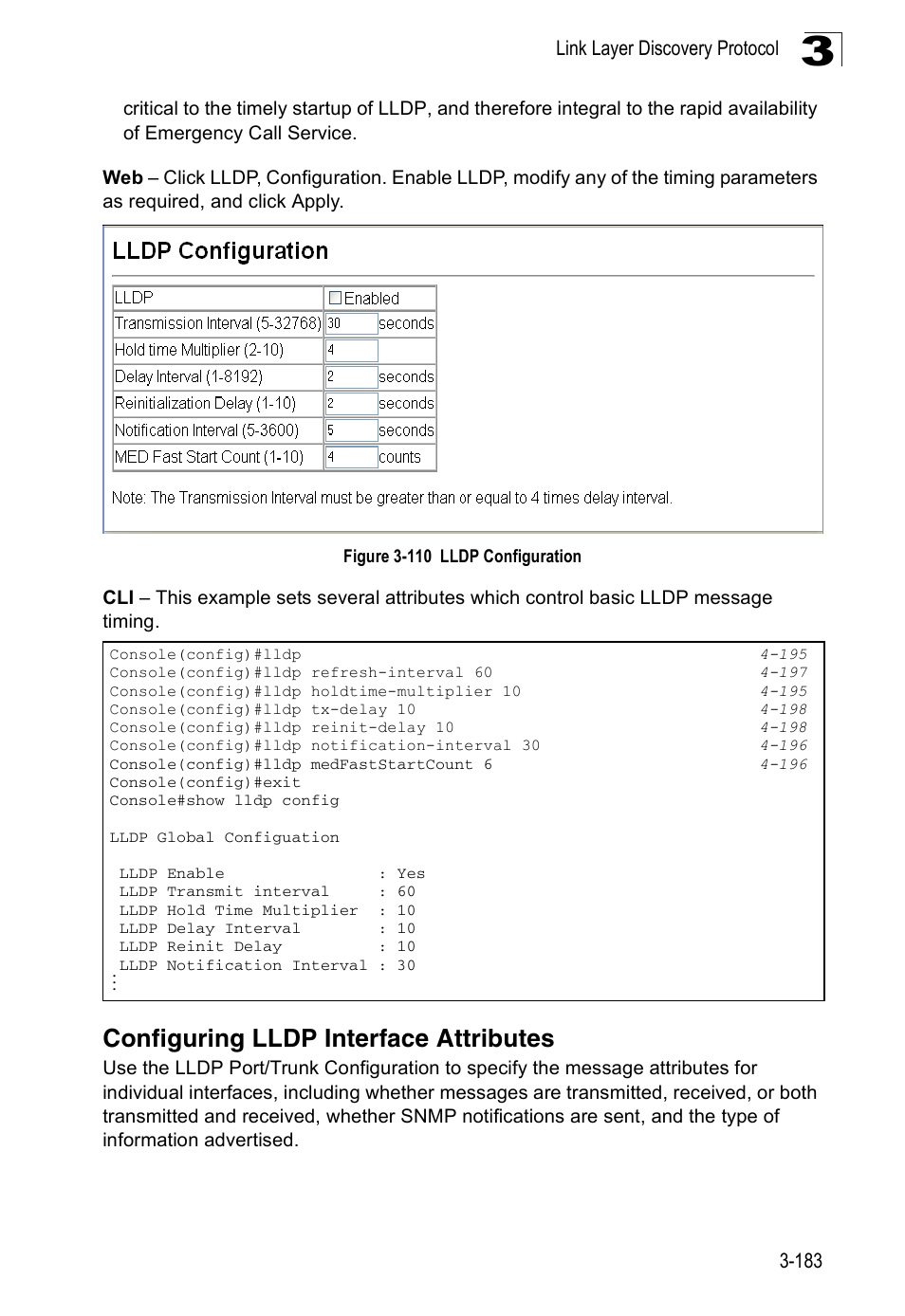 Configuring lldp interface attributes, Figure 3-110 lldp configuration | Accton Technology Edge-corE Fast Ethernet Switch ES3528M-SFP User Manual | Page 233 / 644