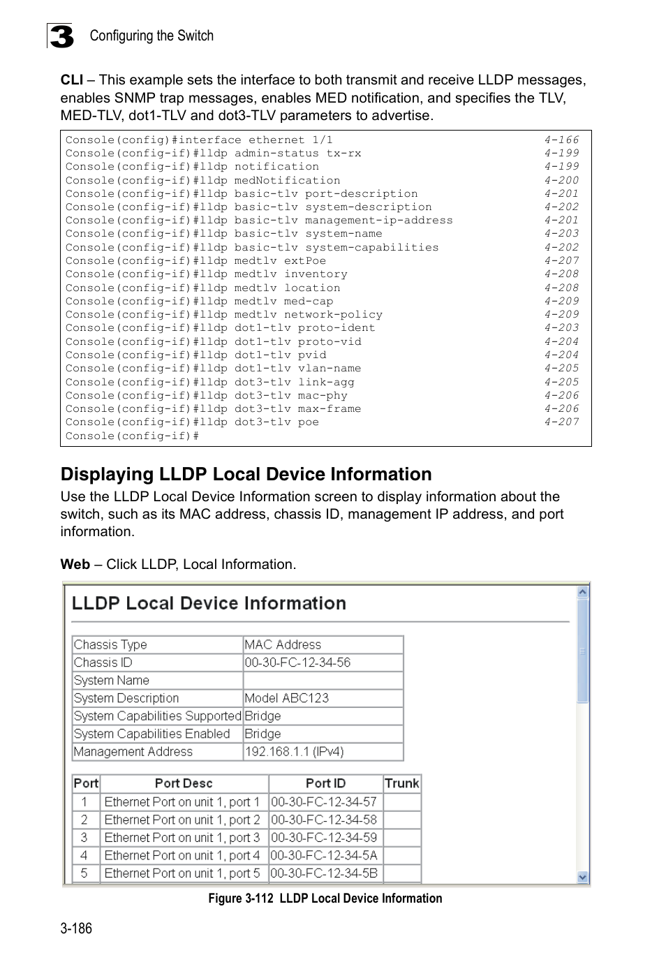 Displaying lldp local device information, Figure 3-112 lldp local device information, Configuring the switch 3-186 | Accton Technology Edge-corE Fast Ethernet Switch ES3528M-SFP User Manual | Page 236 / 644