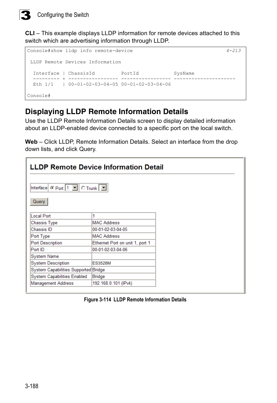 Displaying lldp remote information details, Figure 3-114 lldp remote information details | Accton Technology Edge-corE Fast Ethernet Switch ES3528M-SFP User Manual | Page 238 / 644