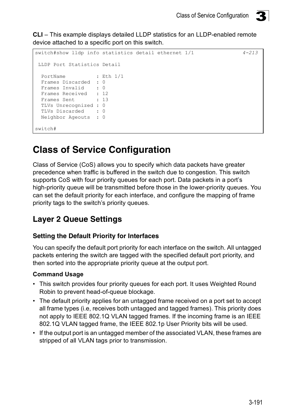 Class of service configuration, Layer 2 queue settings, Setting the default priority for interfaces | Accton Technology Edge-corE Fast Ethernet Switch ES3528M-SFP User Manual | Page 241 / 644
