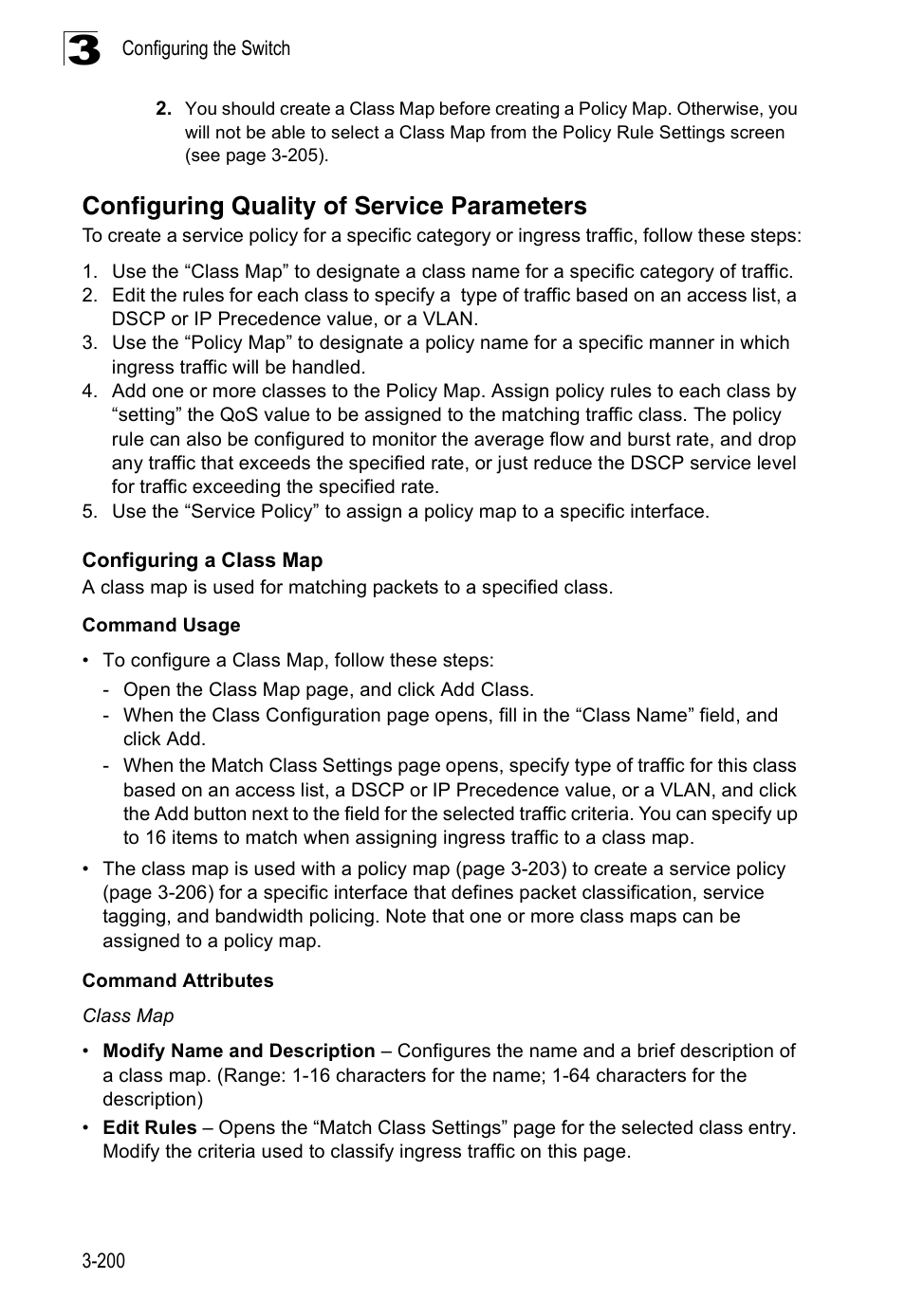 Configuring quality of service parameters, Configuring a class map | Accton Technology Edge-corE Fast Ethernet Switch ES3528M-SFP User Manual | Page 250 / 644