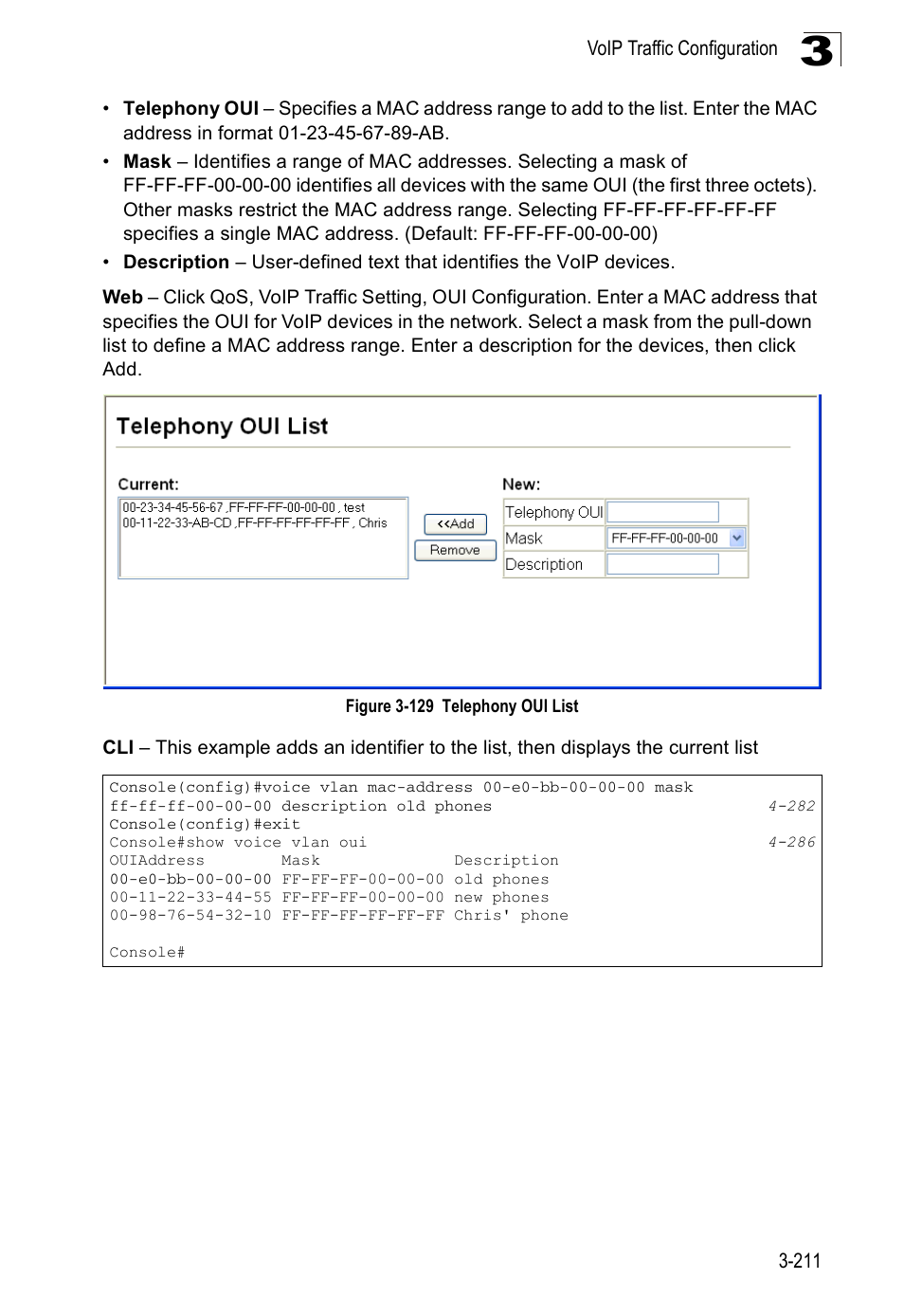 Figure 3-129 telephony oui list | Accton Technology Edge-corE Fast Ethernet Switch ES3528M-SFP User Manual | Page 261 / 644