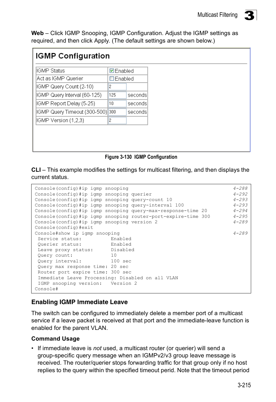 Enabling igmp immediate leave, Figure 3-130 igmp configuration | Accton Technology Edge-corE Fast Ethernet Switch ES3528M-SFP User Manual | Page 265 / 644
