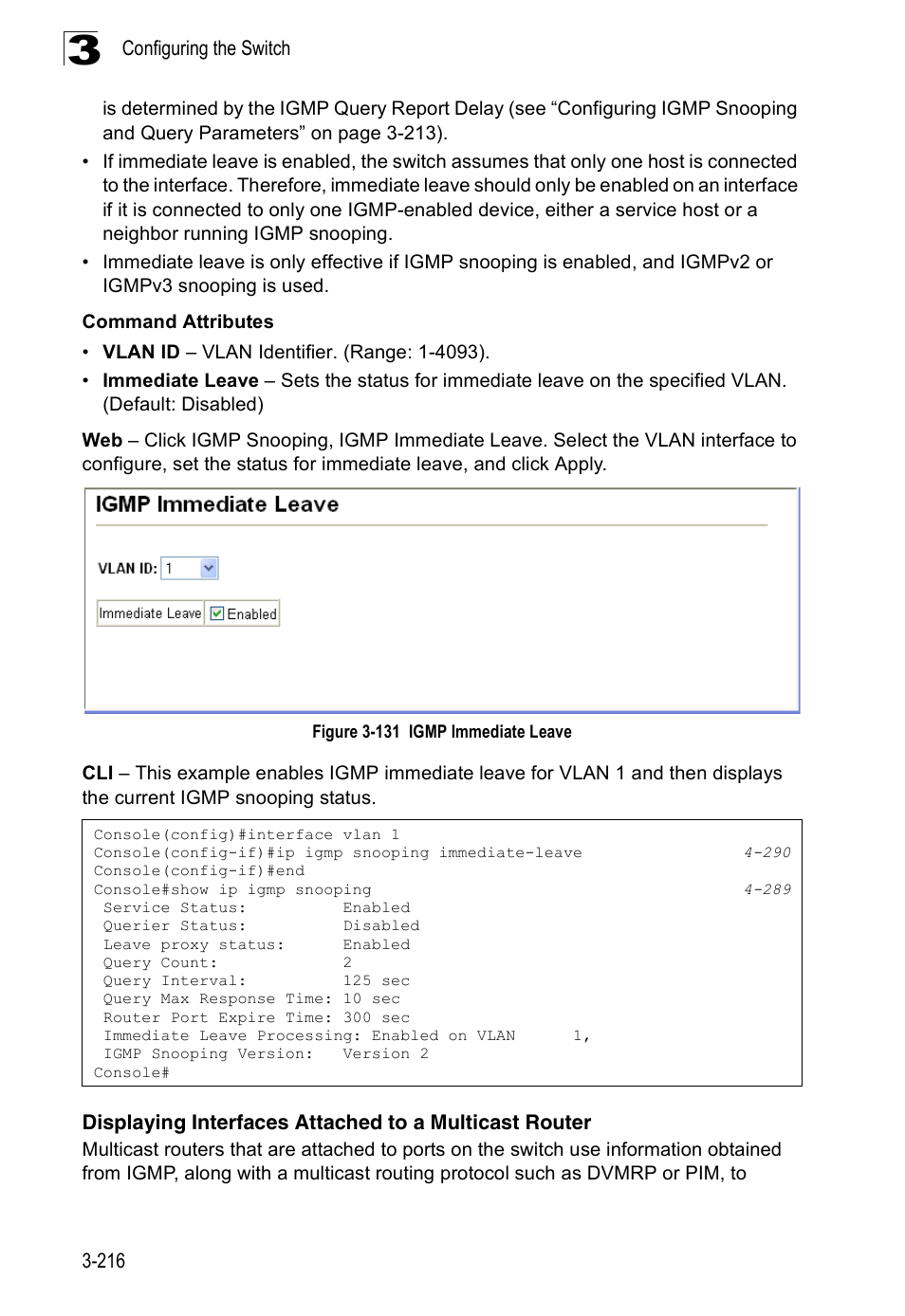 Figure 3-131 igmp immediate leave | Accton Technology Edge-corE Fast Ethernet Switch ES3528M-SFP User Manual | Page 266 / 644