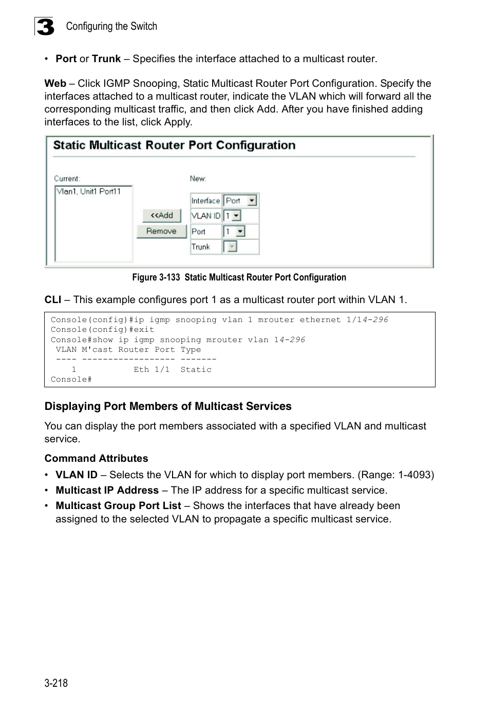 Displaying port members of multicast services | Accton Technology Edge-corE Fast Ethernet Switch ES3528M-SFP User Manual | Page 268 / 644