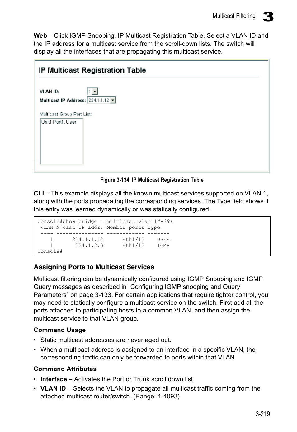 Assigning ports to multicast services, Figure 3-134 ip multicast registration table | Accton Technology Edge-corE Fast Ethernet Switch ES3528M-SFP User Manual | Page 269 / 644