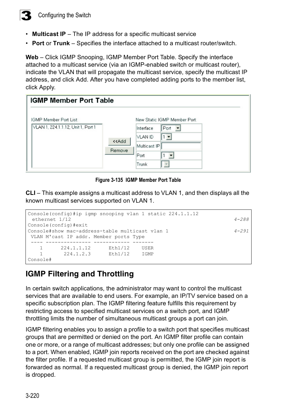 Igmp filtering and throttling, Figure 3-135 igmp member port table | Accton Technology Edge-corE Fast Ethernet Switch ES3528M-SFP User Manual | Page 270 / 644