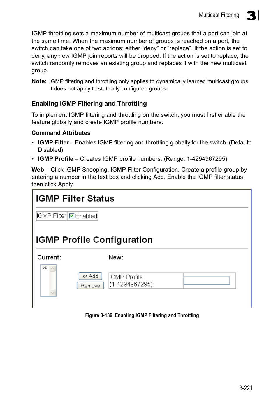 Enabling igmp filtering and throttling | Accton Technology Edge-corE Fast Ethernet Switch ES3528M-SFP User Manual | Page 271 / 644