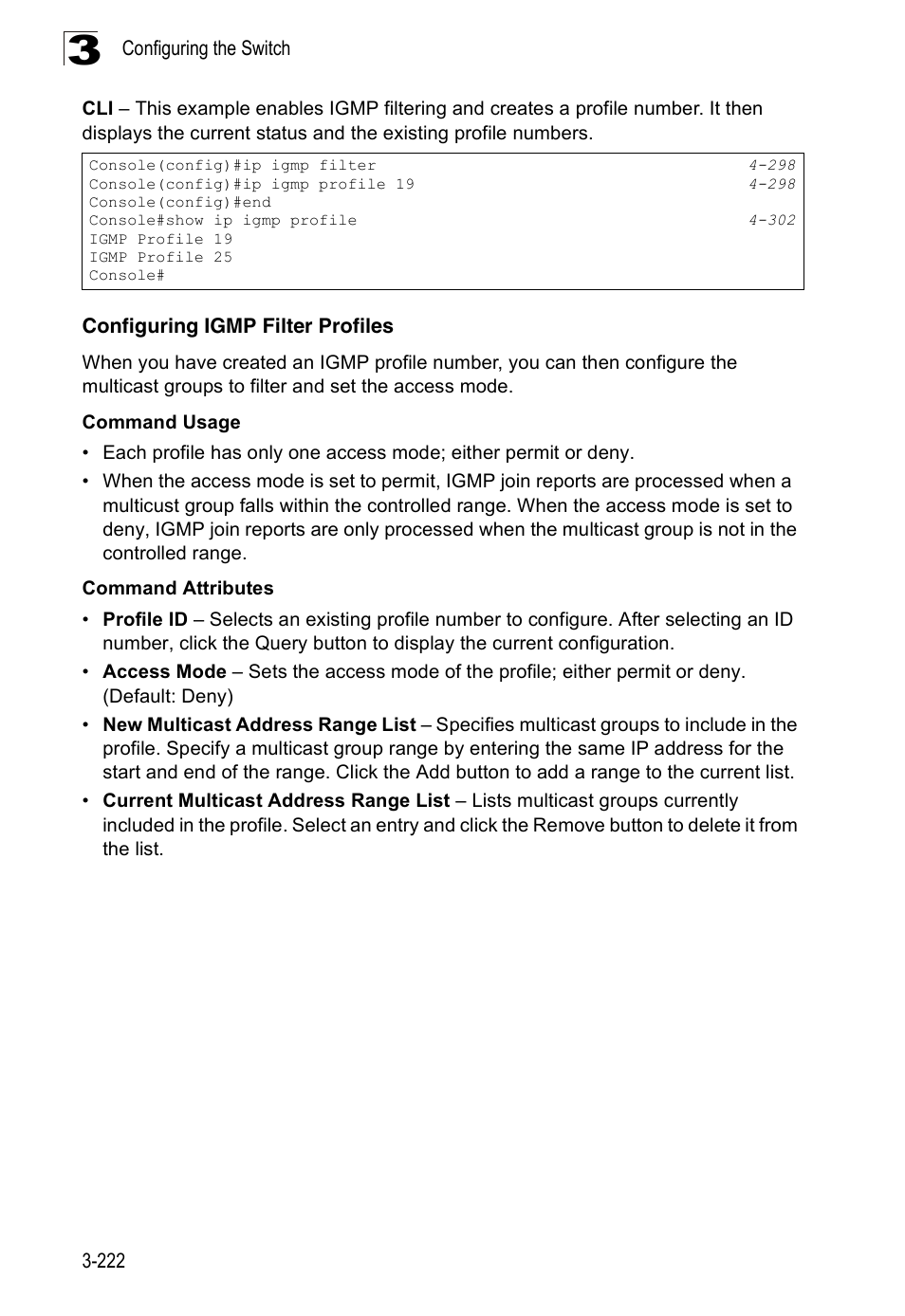 Configuring igmp filter profiles | Accton Technology Edge-corE Fast Ethernet Switch ES3528M-SFP User Manual | Page 272 / 644