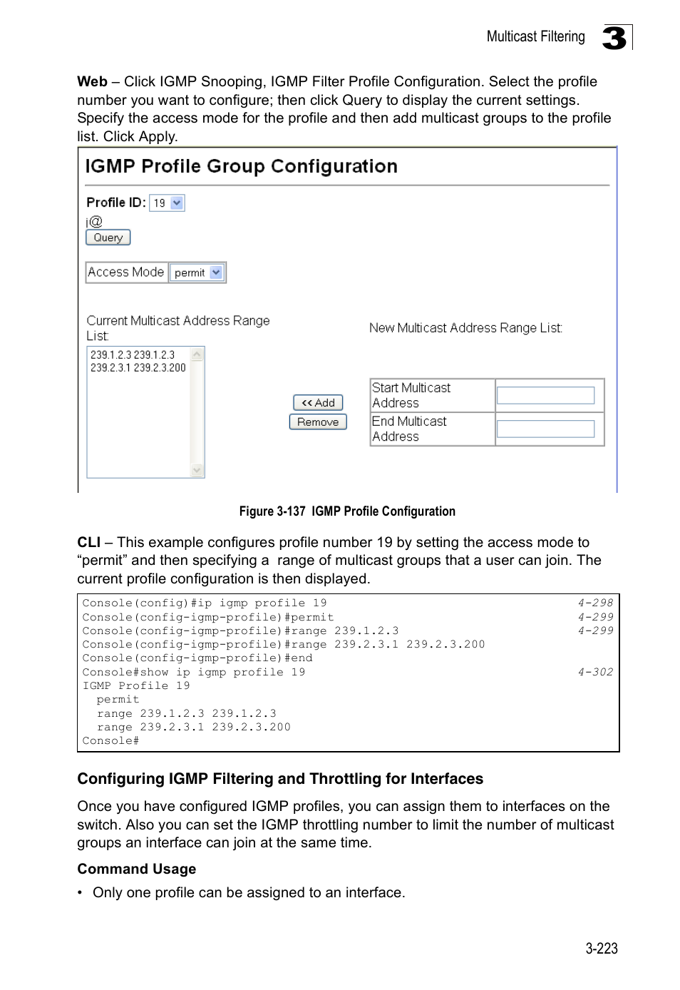 Figure 3-137 igmp profile configuration | Accton Technology Edge-corE Fast Ethernet Switch ES3528M-SFP User Manual | Page 273 / 644