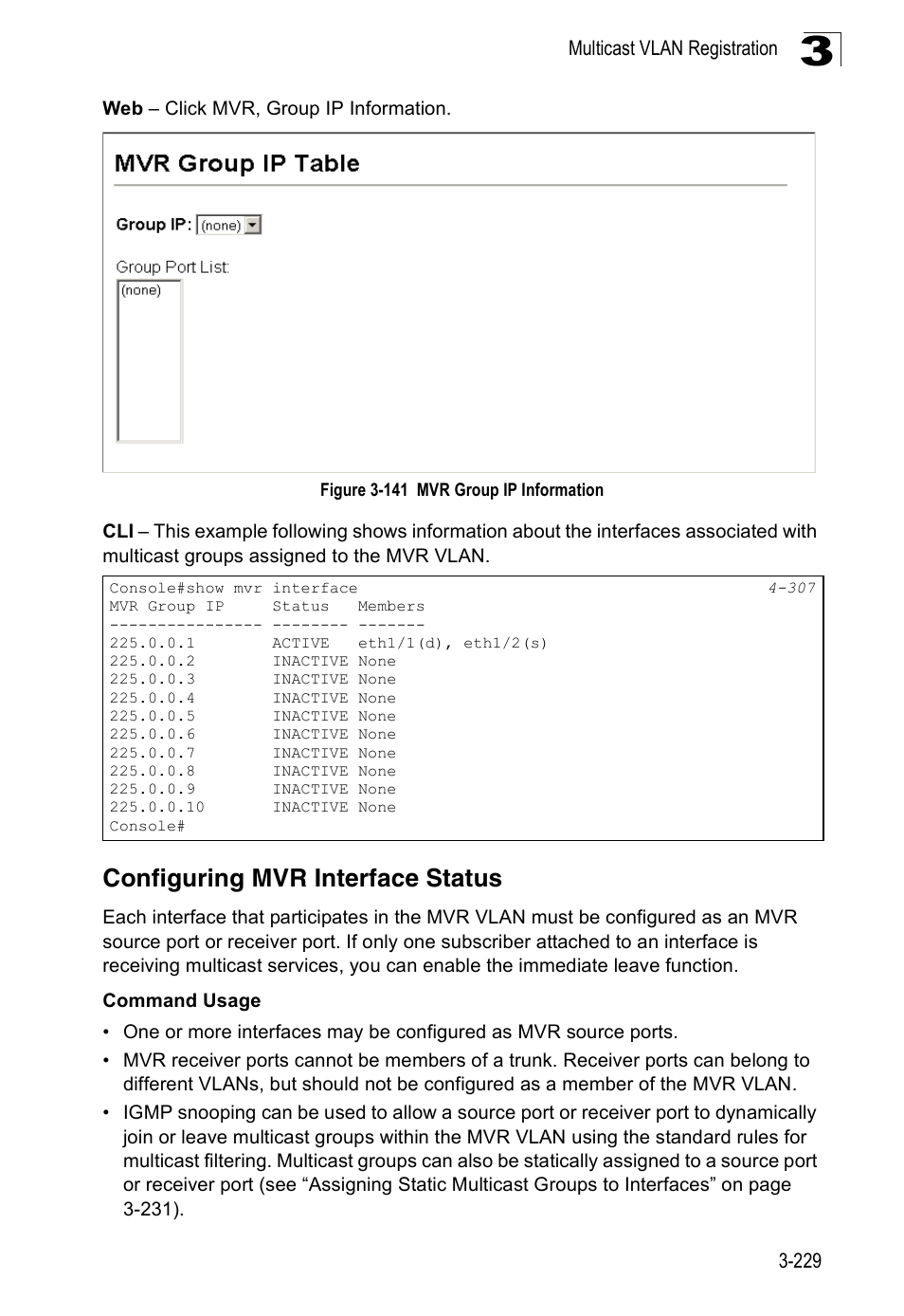 Configuring mvr interface status, Figure 3-141 mvr group ip information | Accton Technology Edge-corE Fast Ethernet Switch ES3528M-SFP User Manual | Page 279 / 644