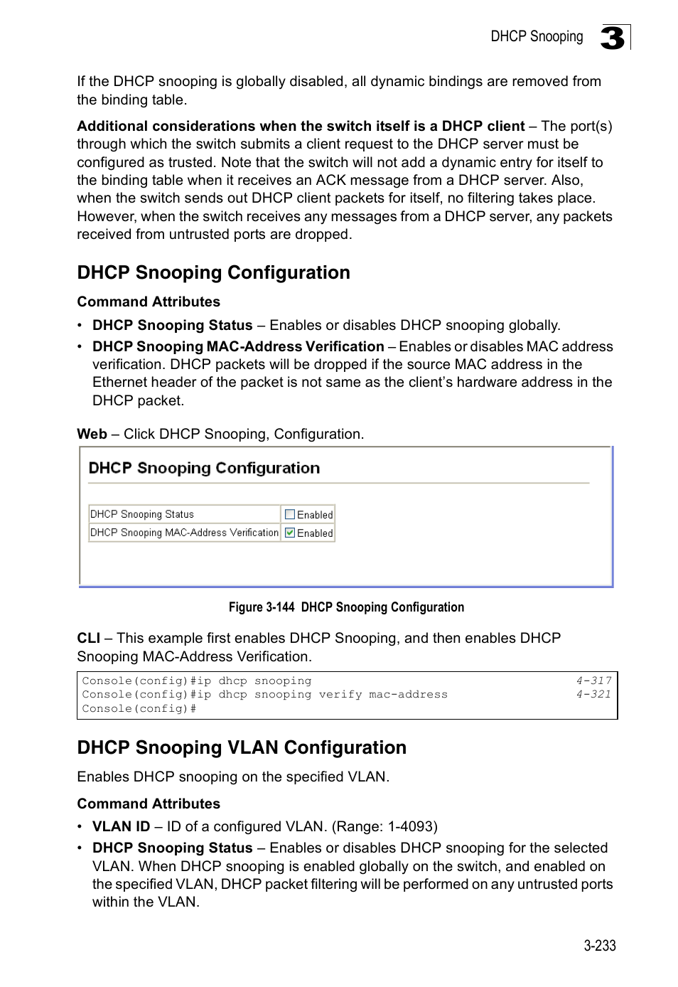 Dhcp snooping configuration, Dhcp snooping vlan configuration, Figure 3-144 dhcp snooping configuration | Accton Technology Edge-corE Fast Ethernet Switch ES3528M-SFP User Manual | Page 283 / 644