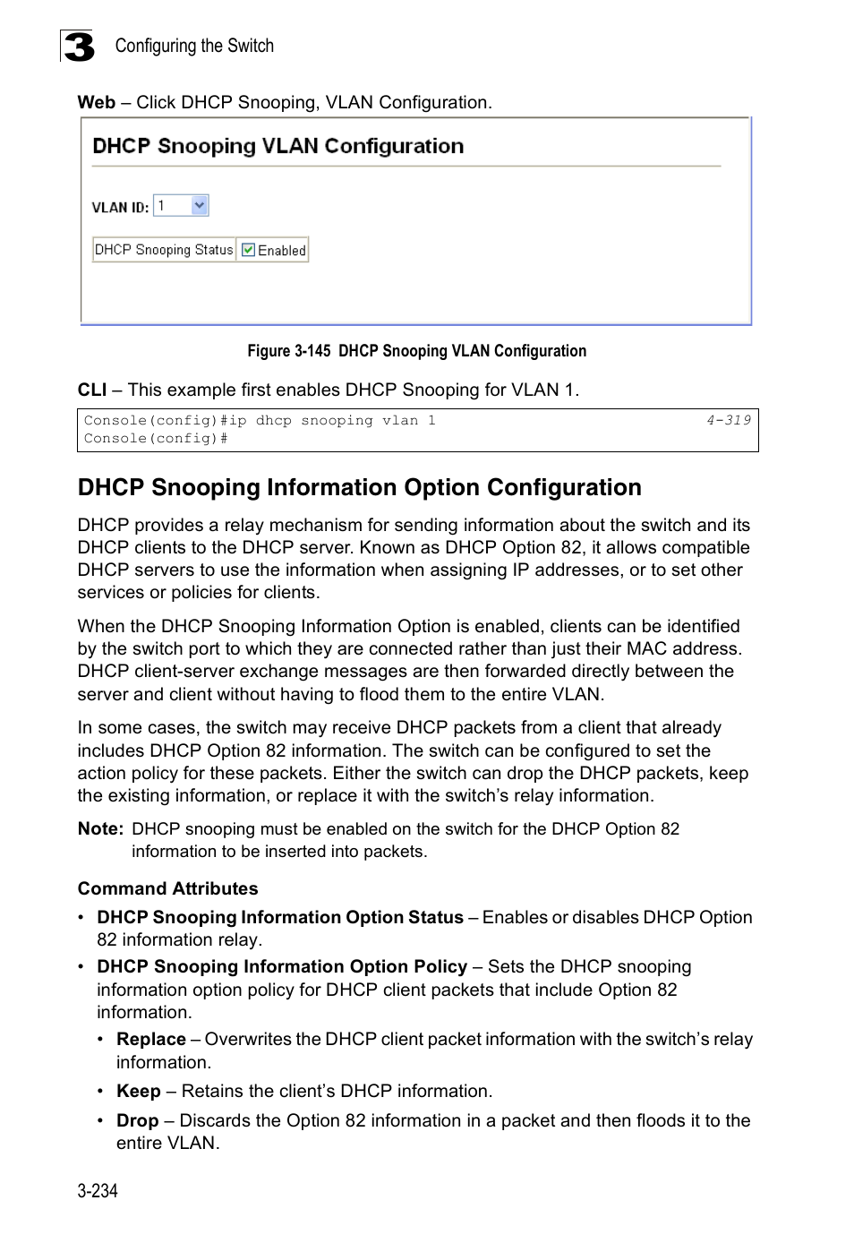 Dhcp snooping information option configuration, Figure 3-145 dhcp snooping vlan configuration | Accton Technology Edge-corE Fast Ethernet Switch ES3528M-SFP User Manual | Page 284 / 644