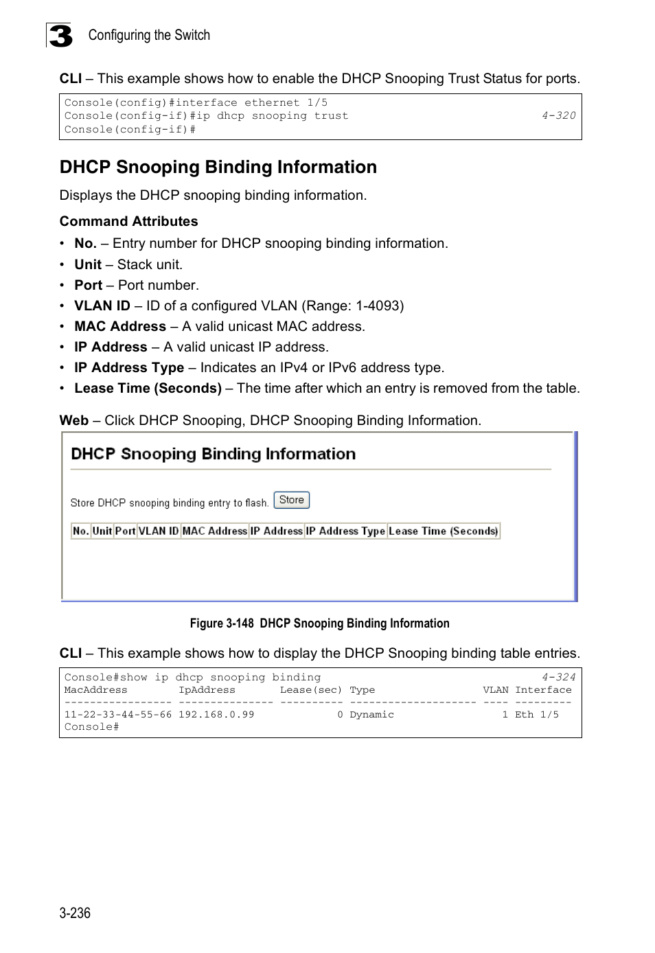 Dhcp snooping binding information, Figure 3-148 dhcp snooping binding information | Accton Technology Edge-corE Fast Ethernet Switch ES3528M-SFP User Manual | Page 286 / 644