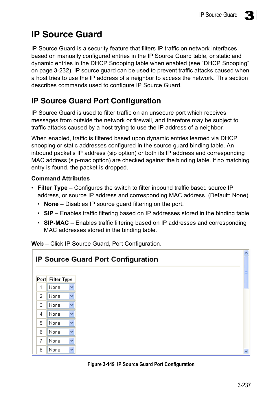 Ip source guard, Ip source guard port configuration, Figure 3-149 ip source guard port configuration | Accton Technology Edge-corE Fast Ethernet Switch ES3528M-SFP User Manual | Page 287 / 644