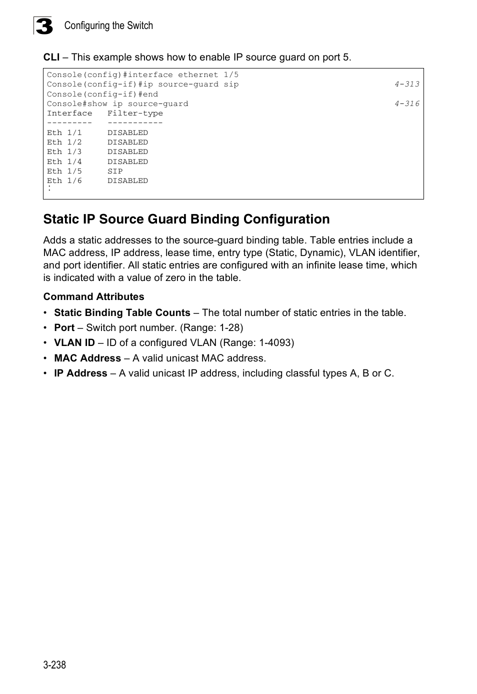 Static ip source guard binding configuration | Accton Technology Edge-corE Fast Ethernet Switch ES3528M-SFP User Manual | Page 288 / 644