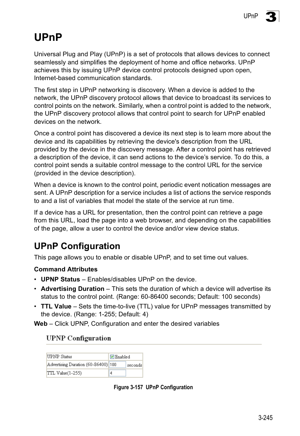 Upnp, Upnp configuration, Upnp 3-245 | Figure 3-157 upnp configuration | Accton Technology Edge-corE Fast Ethernet Switch ES3528M-SFP User Manual | Page 295 / 644