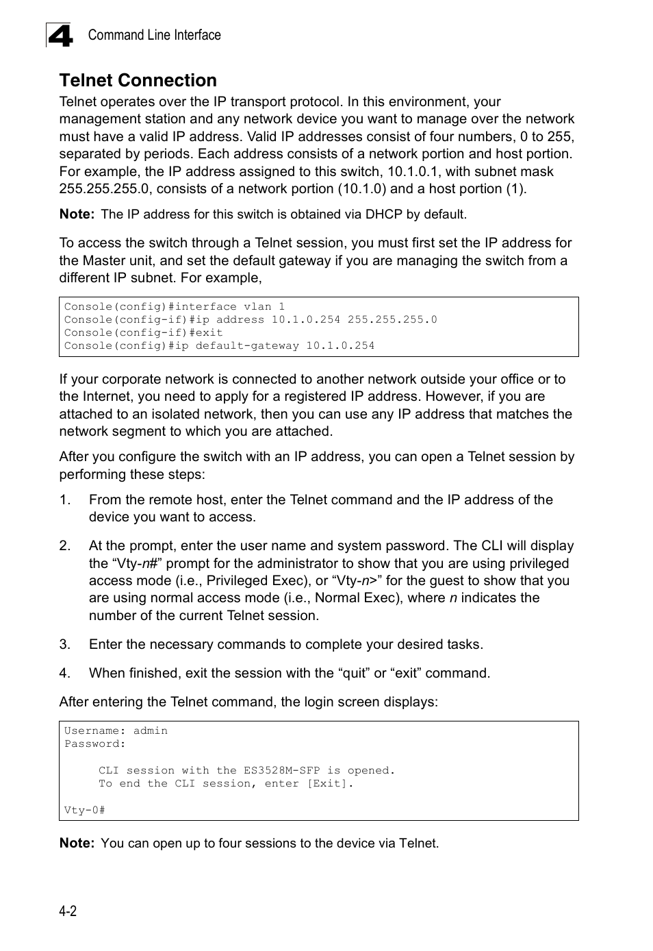 Telnet connection | Accton Technology Edge-corE Fast Ethernet Switch ES3528M-SFP User Manual | Page 298 / 644