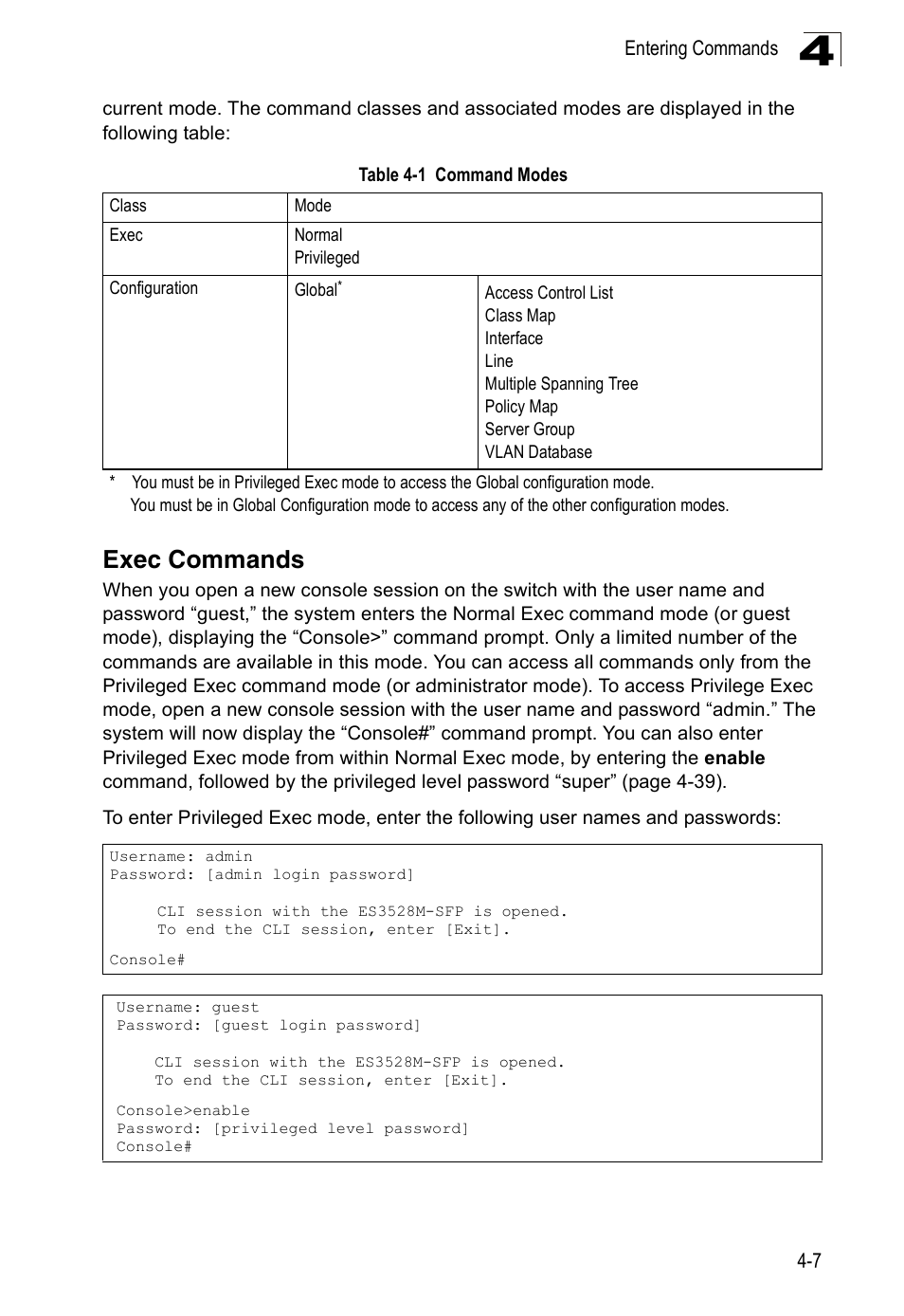 Exec commands, Table 4-1, Command modes | Accton Technology Edge-corE Fast Ethernet Switch ES3528M-SFP User Manual | Page 303 / 644