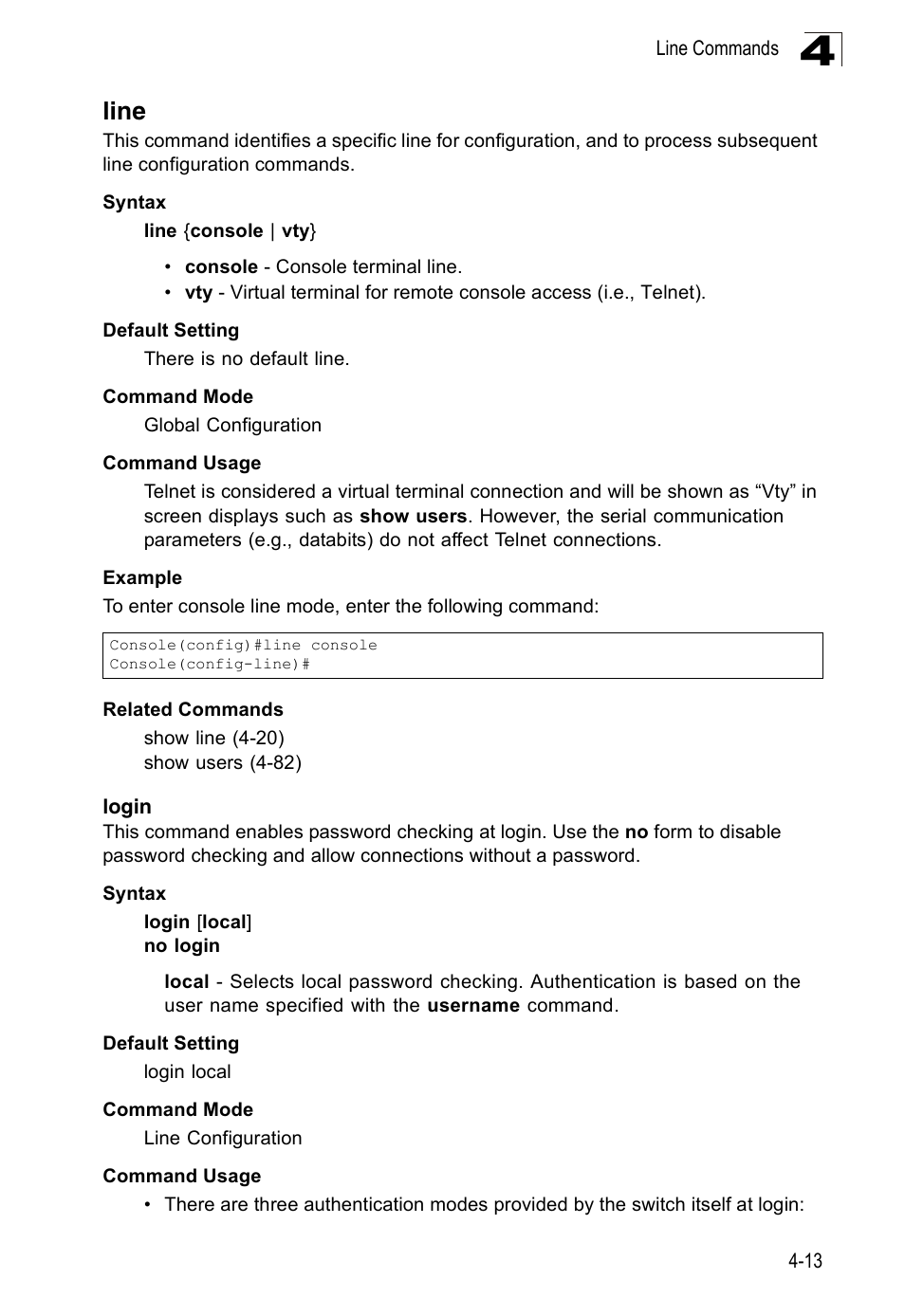 Line, Login, Line 4-13 login 4-13 | Accton Technology Edge-corE Fast Ethernet Switch ES3528M-SFP User Manual | Page 309 / 644