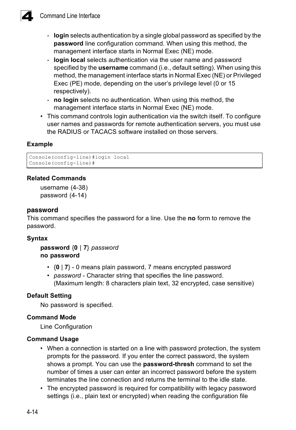Password, Password 4-14 | Accton Technology Edge-corE Fast Ethernet Switch ES3528M-SFP User Manual | Page 310 / 644
