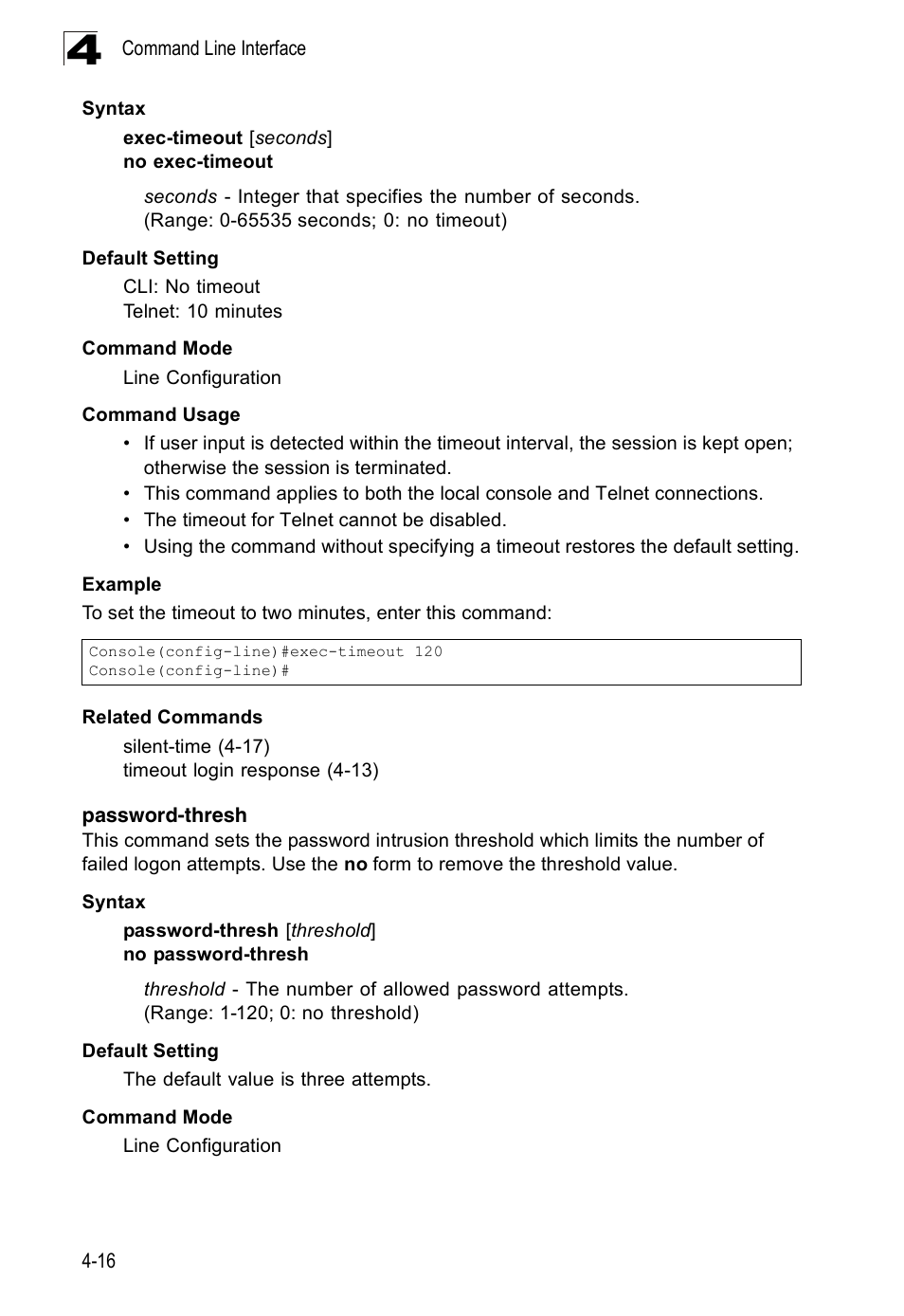 Password-thresh, Password-thresh 4-16 | Accton Technology Edge-corE Fast Ethernet Switch ES3528M-SFP User Manual | Page 312 / 644