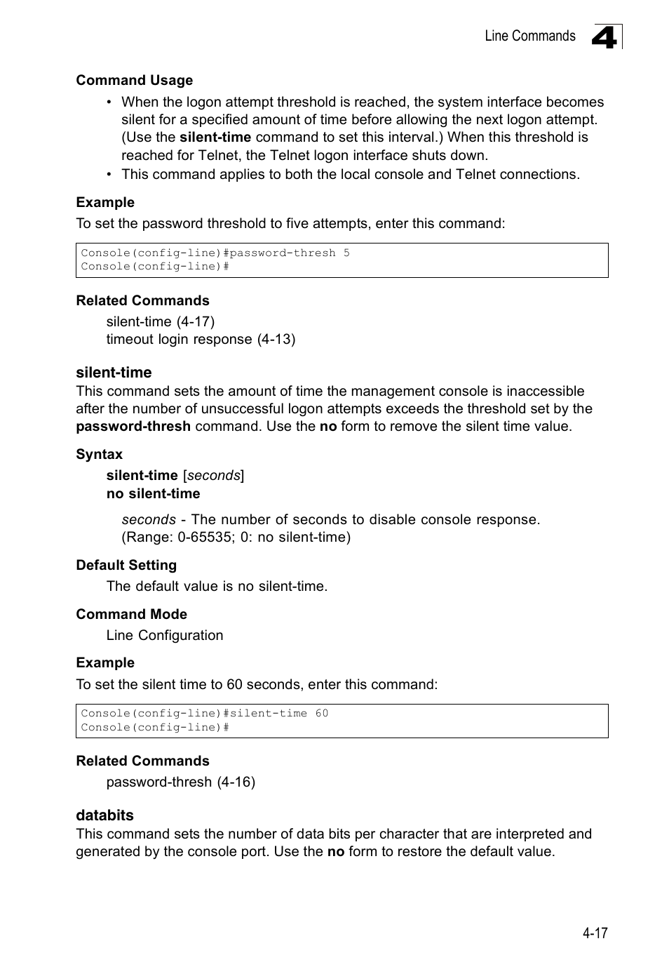Silent-time, Databits, Silent-time 4-17 databits 4-17 | Accton Technology Edge-corE Fast Ethernet Switch ES3528M-SFP User Manual | Page 313 / 644