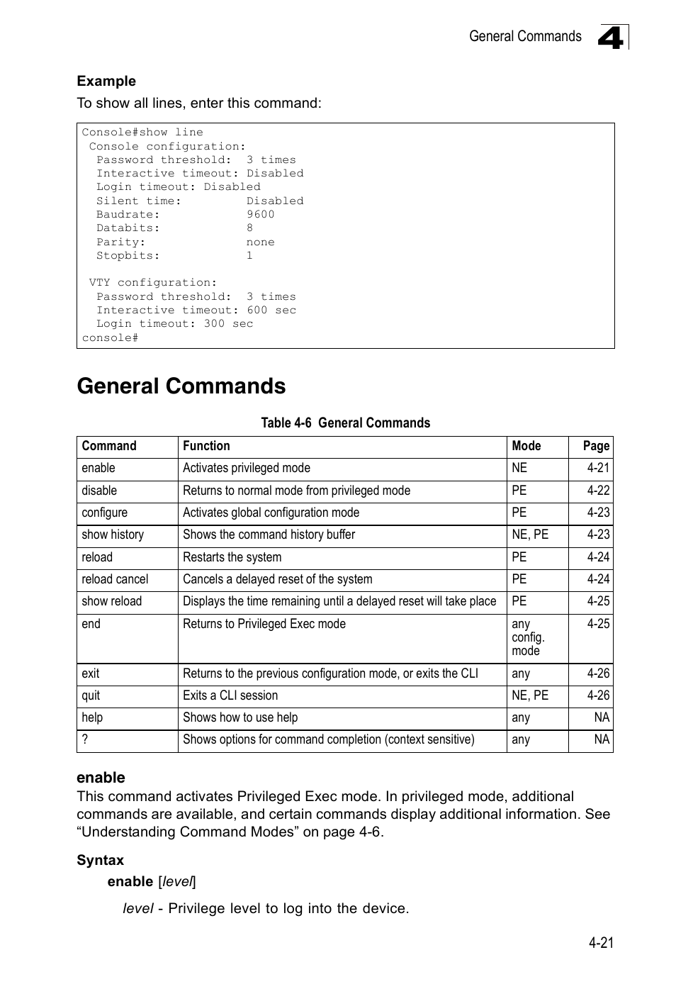 General commands, Enable, Enable 4-21 | Table 4-6 | Accton Technology Edge-corE Fast Ethernet Switch ES3528M-SFP User Manual | Page 317 / 644