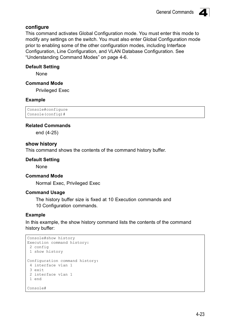 Configure, Show history, Configure 4-23 show history | Accton Technology Edge-corE Fast Ethernet Switch ES3528M-SFP User Manual | Page 319 / 644