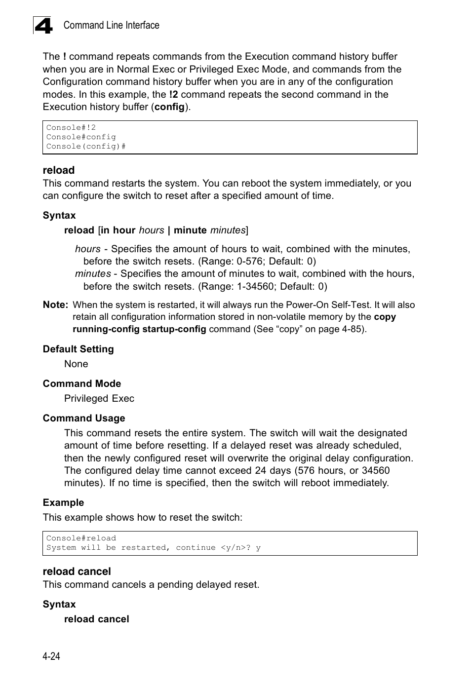 Reload, Reload cancel, Reload 4-24 reload cancel | Accton Technology Edge-corE Fast Ethernet Switch ES3528M-SFP User Manual | Page 320 / 644