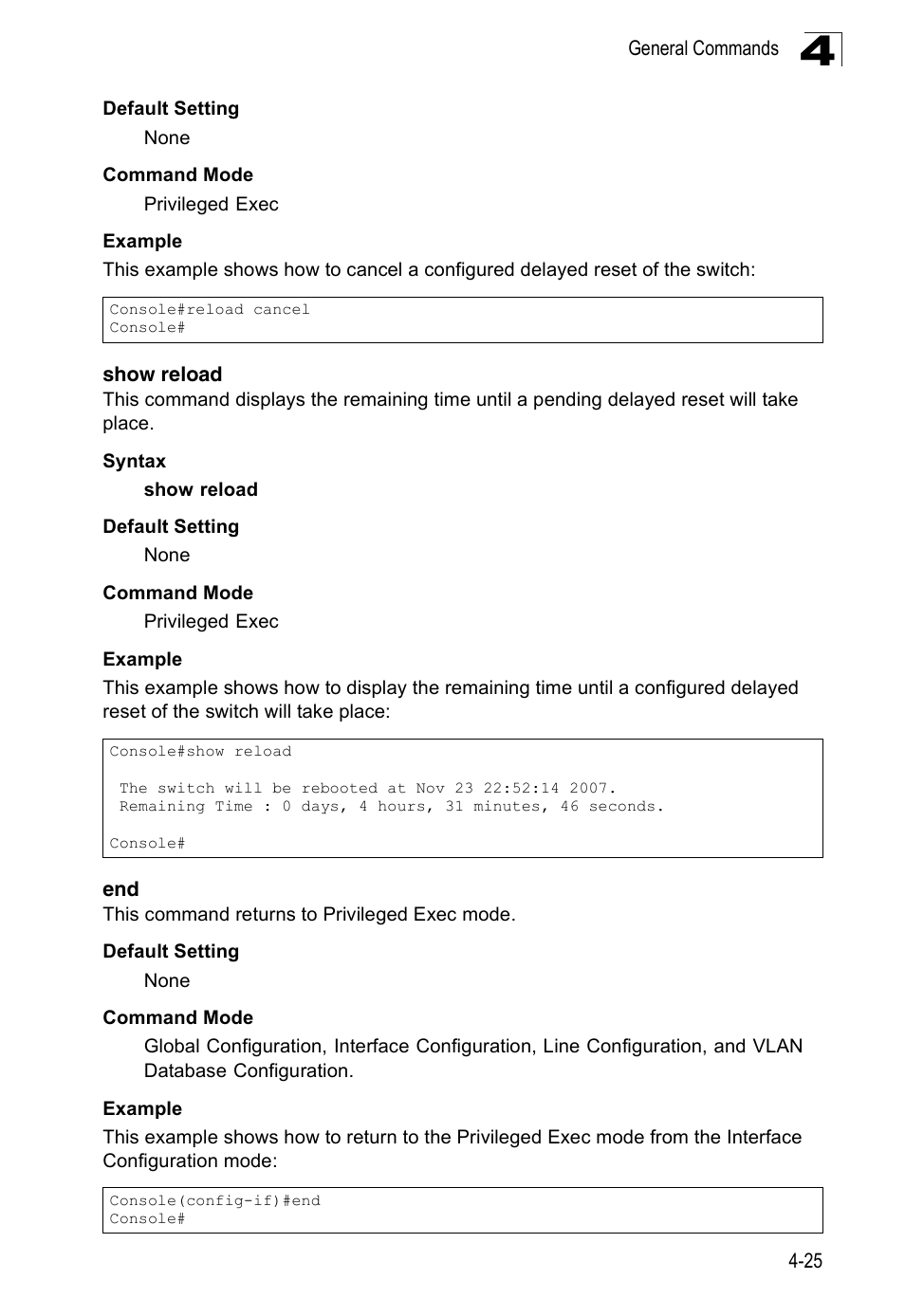 Show reload, End 4-25 | Accton Technology Edge-corE Fast Ethernet Switch ES3528M-SFP User Manual | Page 321 / 644