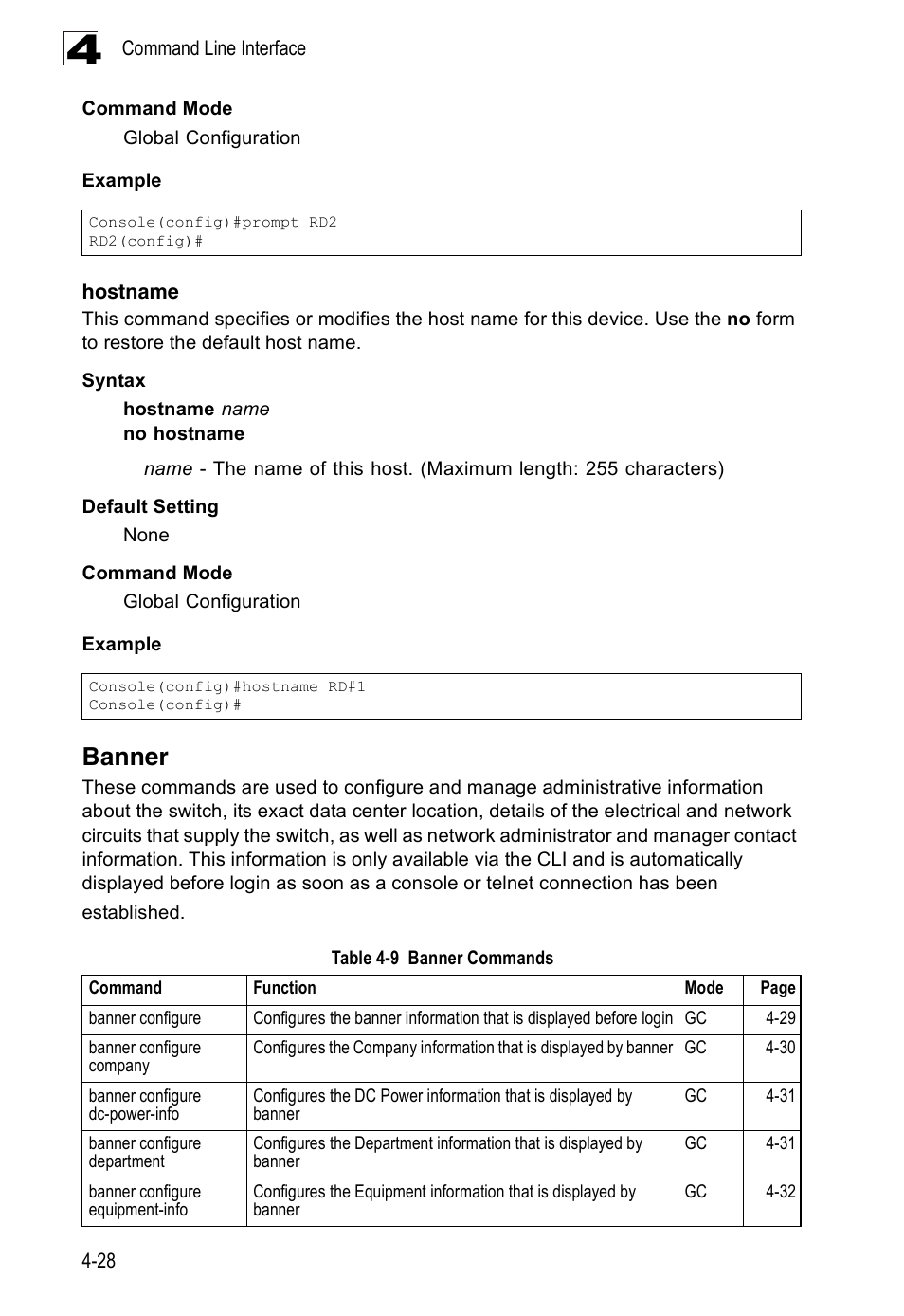 Banner, Hostname 4-28, Banner 4-28 | Table 4-9, Banner commands | Accton Technology Edge-corE Fast Ethernet Switch ES3528M-SFP User Manual | Page 324 / 644