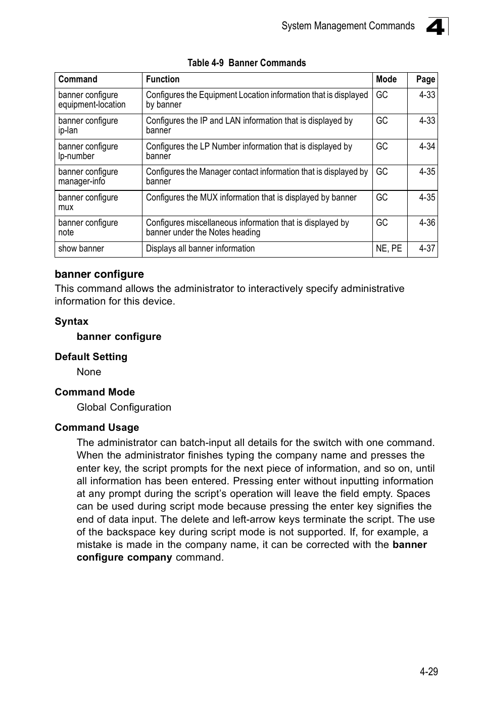 Banner configure | Accton Technology Edge-corE Fast Ethernet Switch ES3528M-SFP User Manual | Page 325 / 644