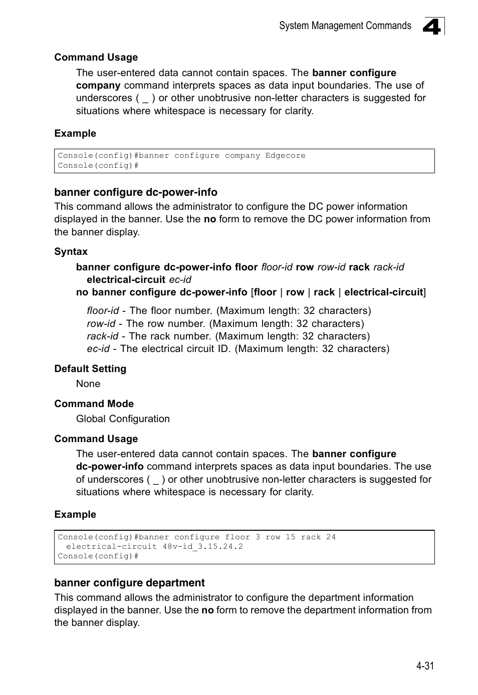 Banner configure dc-power-info, Banner configure department | Accton Technology Edge-corE Fast Ethernet Switch ES3528M-SFP User Manual | Page 327 / 644