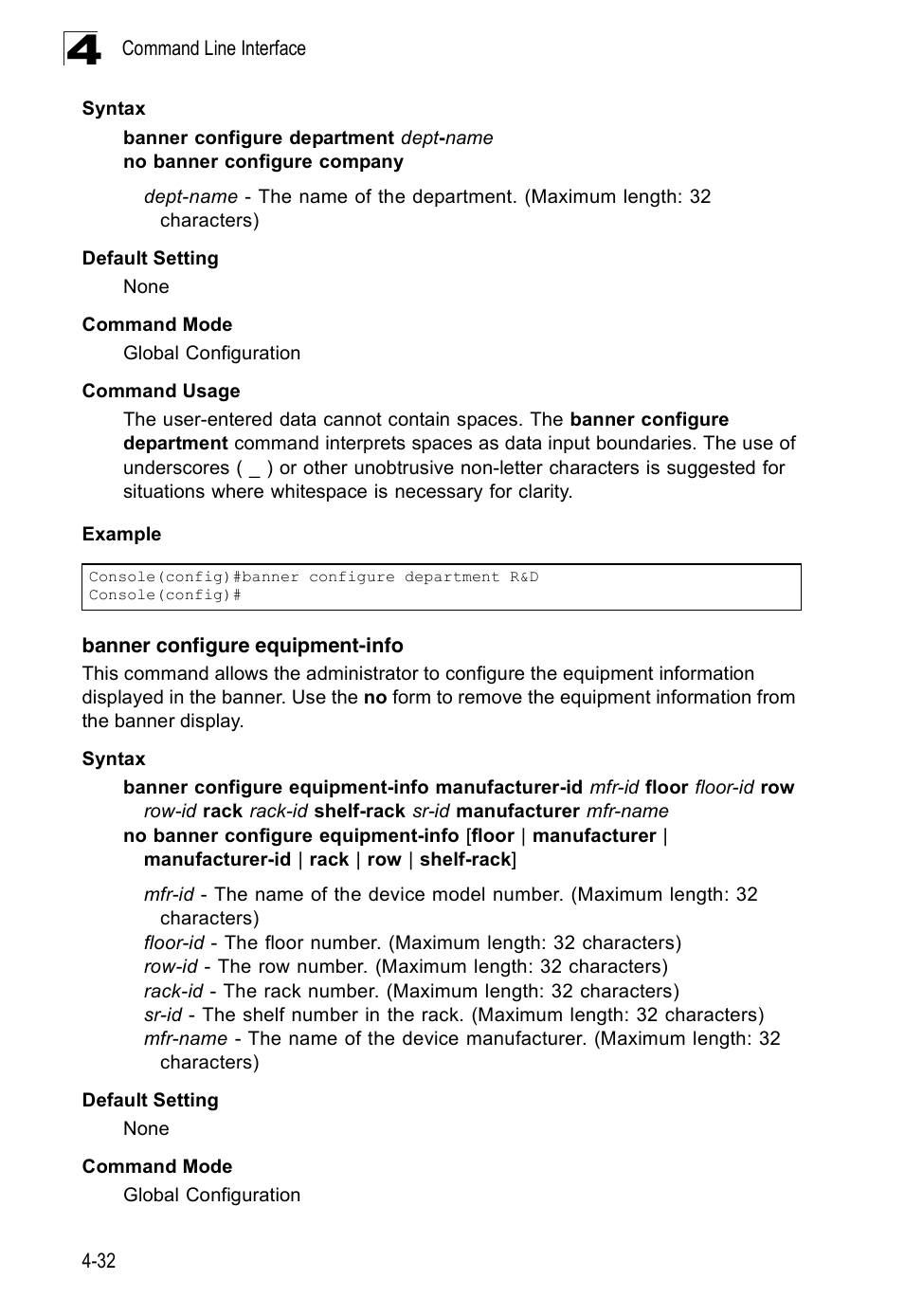 Banner configure equipment-info | Accton Technology Edge-corE Fast Ethernet Switch ES3528M-SFP User Manual | Page 328 / 644
