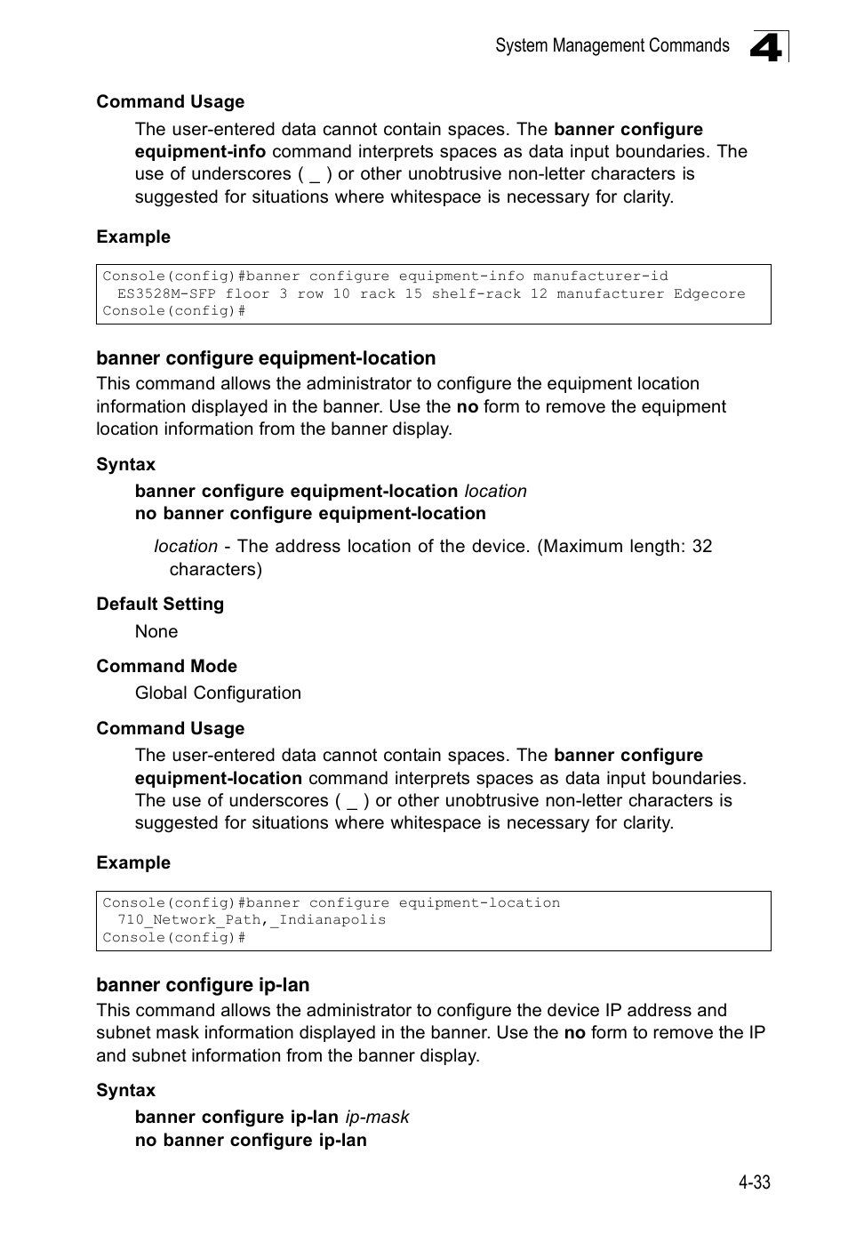 Banner configure equipment-location, Banner configure ip-lan | Accton Technology Edge-corE Fast Ethernet Switch ES3528M-SFP User Manual | Page 329 / 644