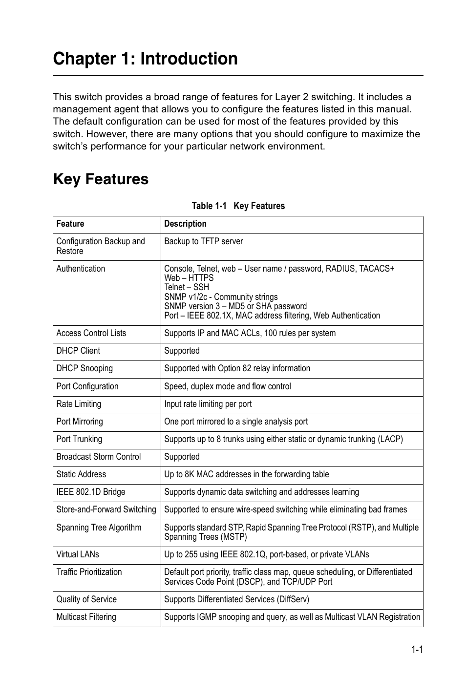 Chapter 1: introduction, Key features, Table 1-1 | Accton Technology Edge-corE Fast Ethernet Switch ES3528M-SFP User Manual | Page 33 / 644