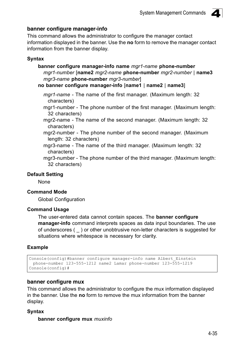 Banner configure manager-info, Banner configure mux | Accton Technology Edge-corE Fast Ethernet Switch ES3528M-SFP User Manual | Page 331 / 644