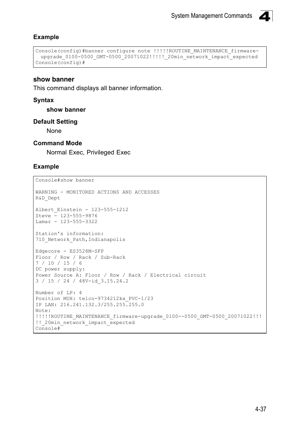 Show banner | Accton Technology Edge-corE Fast Ethernet Switch ES3528M-SFP User Manual | Page 333 / 644