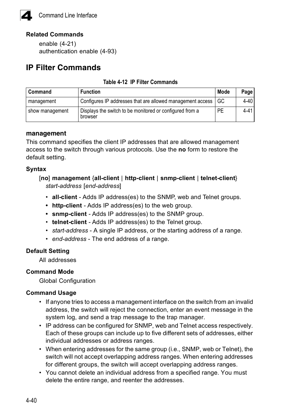 Ip filter commands, Management 4-40, Table 4-12 | Accton Technology Edge-corE Fast Ethernet Switch ES3528M-SFP User Manual | Page 336 / 644