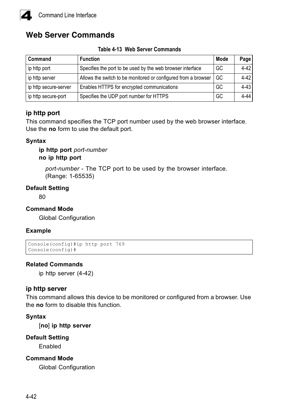 Web server commands, Ip http port, Ip http server | Table 4-13 | Accton Technology Edge-corE Fast Ethernet Switch ES3528M-SFP User Manual | Page 338 / 644